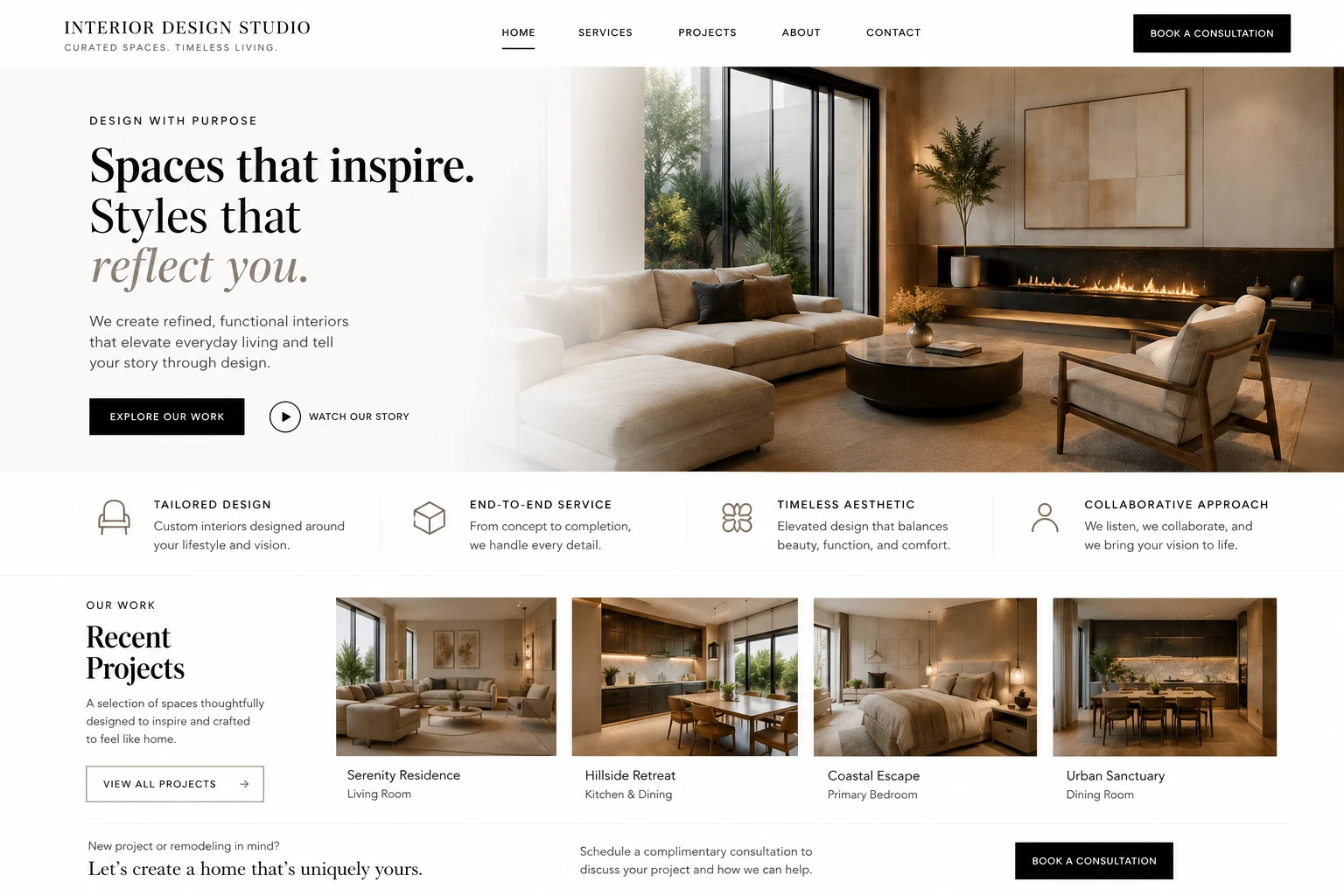 Site elegante e de alta conversao para empresa de design de interiores, projetado para exibir o portfolio e atrair clientes ideais
