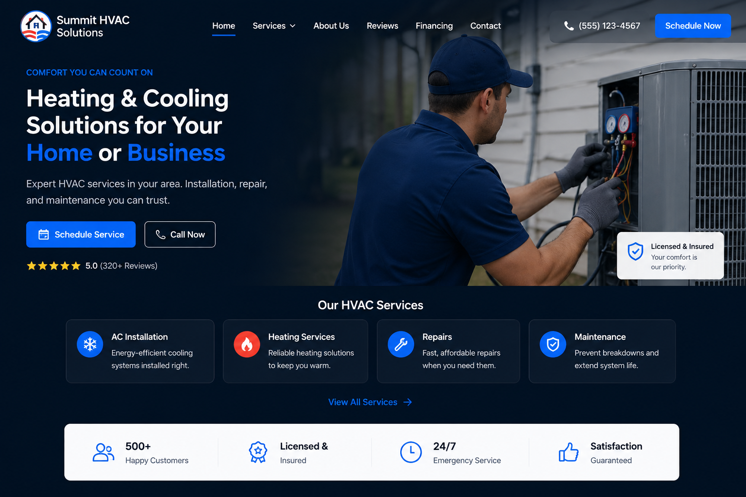 Site profissional e rapido de empresa de HVAC projetado para gerar ligacoes, pedidos de orcamento e agendamentos