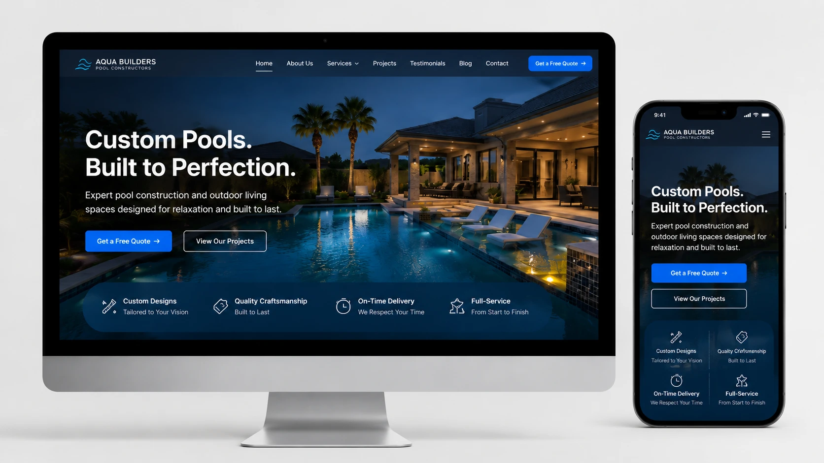 Site profissional de construtor de piscinas projetado para gerar consultas, pedidos de orcamento e leads qualificados