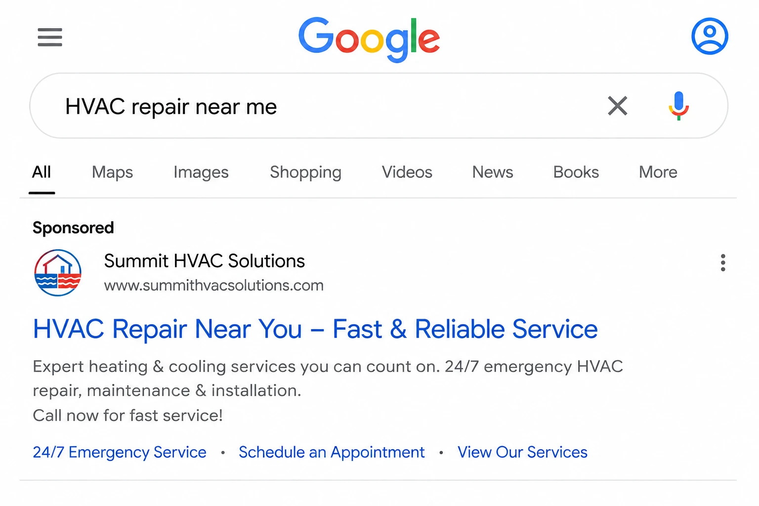 Empresa de HVAC no topo do Google Search e do Google Maps gerando leads organicos consistentes na regiao