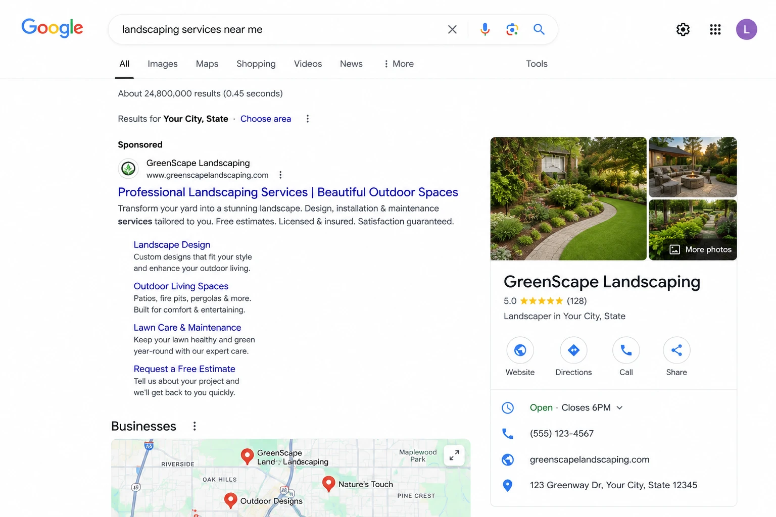 Empresa de paisagismo aparecendo nas buscas locais e captando clientes para projeto de jardim, cuidados com gramado, espacos externos e irrigacao