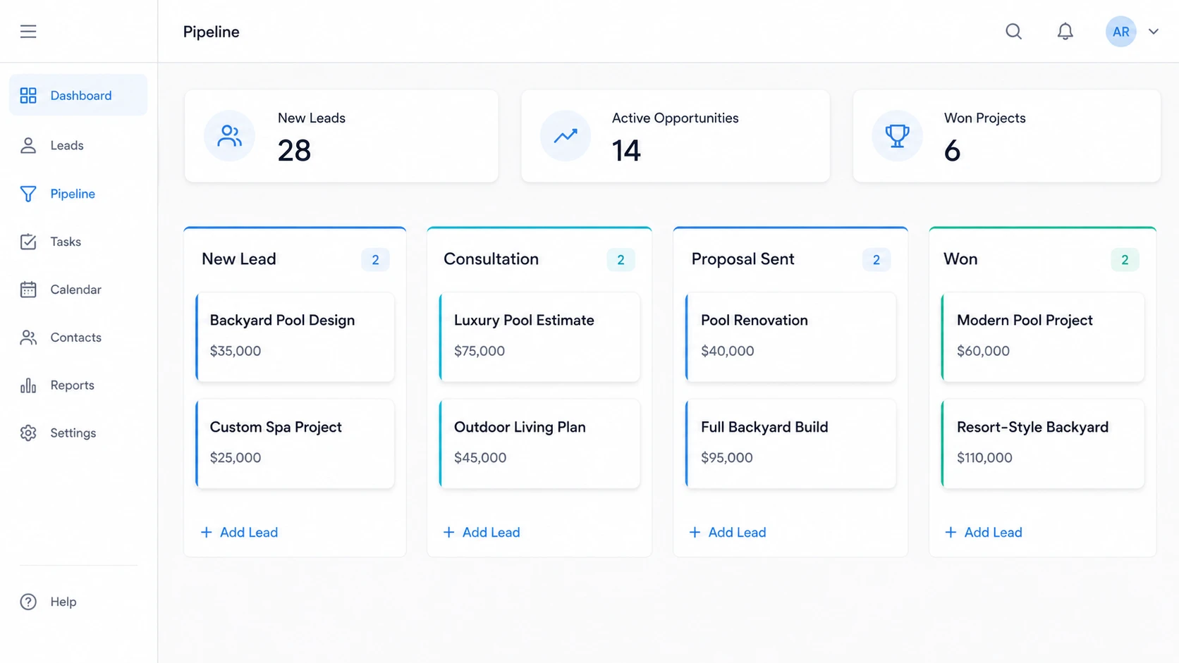 Sistema de CRM ajudando construtores de piscinas a nutrir prospects, agendar consultas e fechar mais projetos